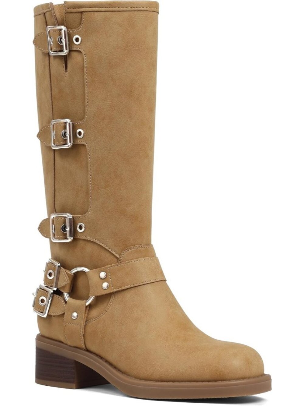 Women's Light Yellow Wide Calf Riding Buckles Chunky Metallic Knee High Boot